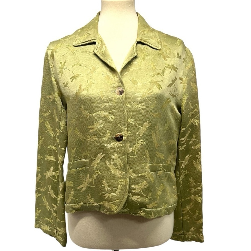 Citron Santa Monica Green Dragonfly Print Collared Button Front Jacket Medium - Picture 4 of 12
